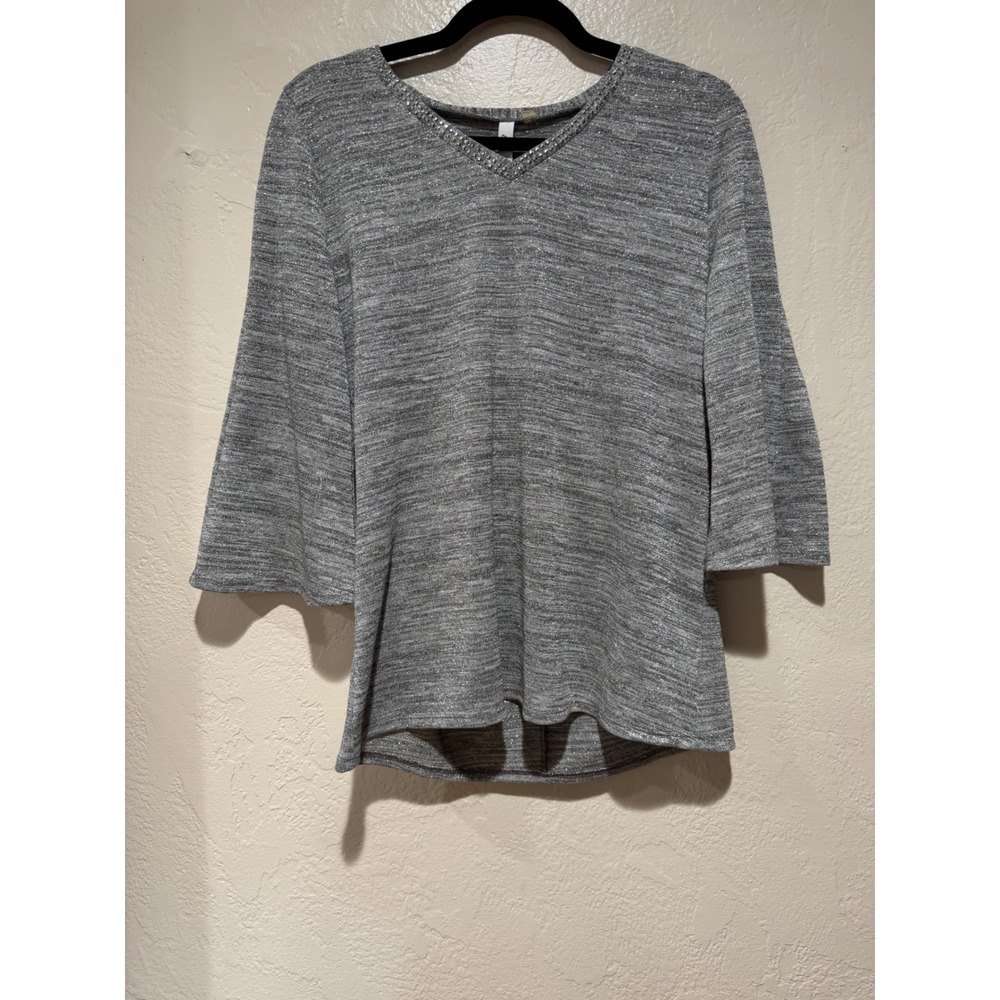 Silver Metallic Knit V-Neck Top Rhinestone Embellished 3/4 Bell Sleeve Medium